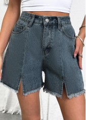 Denim Blue bottoms,Plain Color bottoms,Denim Blue Button Fly High Waisted Shorts