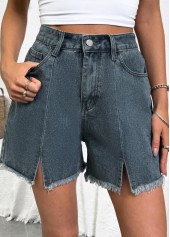 Denim Blue bottoms,Plain Color bottoms,Denim Blue Button Fly High Waisted Shorts