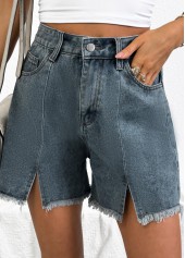 Denim Blue bottoms,Plain Color bottoms,Denim Blue Button Fly High Waisted Shorts