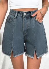 Denim Blue bottoms,Plain Color bottoms,Denim Blue Button Fly High Waisted Shorts