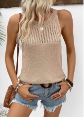 Light Camel tops,Plain Color tops,Light Camel Round Neck Sleeveless Tank Top