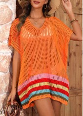 Orange swimwear,Striped swimwear,Geometric swimwear,Orange Striped V Neck Cover Up