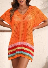 Orange swimwear,Striped swimwear,Geometric swimwear,Orange Striped V Neck Cover Up