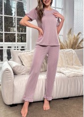 Light Pink loungewear,Plain Color loungewear,Light Pink Round Neck Lounge Top and Pants