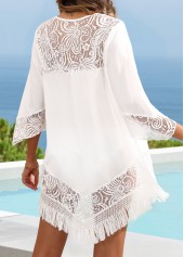 White swimwear,Plain Color swimwear,White Fringe 3/4 Sleeve Round Neck Cover Up