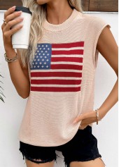 Beige tops,Flag tops,American Flag Print Beige Round Neck Sleeveless Tank Top