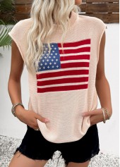 American Flag Print Beige Round Neck Sleeveless Tank Top