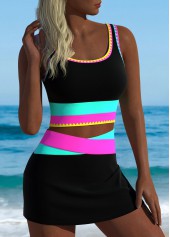 Black swimwear,Contrast Color swimwear,ROTITA Black High Waisted Patchwork Bikini Set