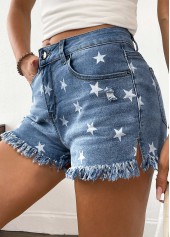 Denim Blue bottoms,Galaxy bottoms,Star Print Denim Blue Button Fly High Waisted Shorts