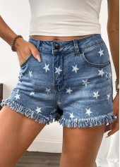 Denim Blue bottoms,Galaxy bottoms,Star Print Denim Blue Button Fly High Waisted Shorts