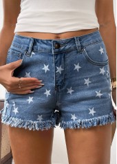Denim Blue bottoms,Galaxy bottoms,Star Print Denim Blue Button Fly High Waisted Shorts