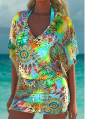 Green swimwear,Plants swimwear,ROTITA Green Tropical Plants Print Cover Up