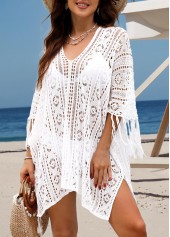 White swimwear,Plain Color swimwear,White Tassel Handkerchief Hem Cover Up