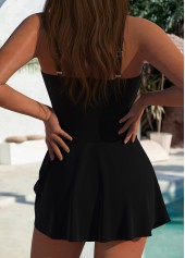 Black swimwear,Plain Color swimwear,Black V Neck One Piece Swimdress