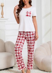 Wine Red loungewear,Plaid loungewear,Geometric loungewear,Plaid Wine Red Round Neck Lounge Top and Pants