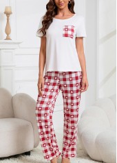 Wine Red loungewear,Plaid loungewear,Geometric loungewear,Plaid Wine Red Round Neck Lounge Top and Pants
