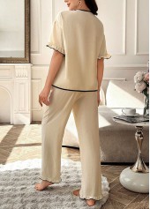 Beige loungewear,Contrast Color loungewear,Beige Turn Down Collar Lounge Top and Pants