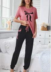 Pink loungewear,Other loungewear,Pink Round Neck Short Sleeve Lounge Top and Pants