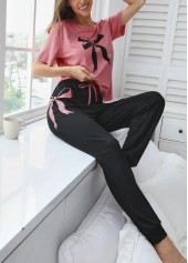 Pink loungewear,Other loungewear,Pink Round Neck Short Sleeve Lounge Top and Pants