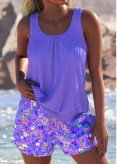 Light Purple swimwear,Ditsy Floral swimwear,ROTITA Light Purple Ditsy Floral Print Mid Waisted Tankini Set
