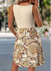 Beige dresses,Paisley dresses,Everyday dresses,Casual dresses,ROTITA Paisley Print Beige Short Round Neck Sleeveless Dress