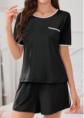 Black loungewear,Contrast Color loungewear,Black Round Neck Short Sleeve Lounge Top and Shorts