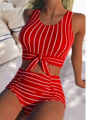 Red swimwear,Striped swimwear,Geometric swimwear,ROTITA Red Striped High Waisted Bikini Set