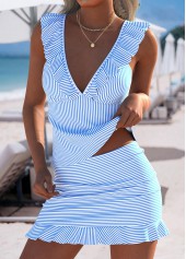Light Blue swimwear,Striped swimwear,Geometric swimwear,ROTITA Light Blue Striped Mid Waisted Tankini Set