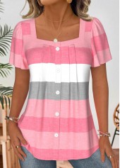 ROTITA Striped Light Pink Square Neck Short Sleeve Blouse