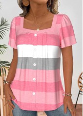 Light Pink tops,Striped tops,Geometric tops,ROTITA Striped Light Pink Square Neck Short Sleeve Blouse