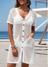 White swimwear,Plain Color swimwear,White Split V Neck Cover Up