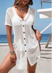 White swimwear,Plain Color swimwear,White Split V Neck Cover Up
