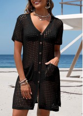 Black swimwear,Plain Color swimwear,Black Button Pocket Short Sleeve Cover Up