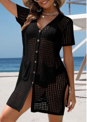Black swimwear,Plain Color swimwear,Black Button Pocket Short Sleeve Cover Up