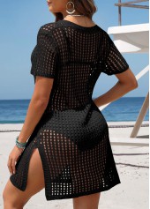 Black swimwear,Plain Color swimwear,Black Button Pocket Short Sleeve Cover Up