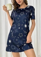 Navy loungewear,Galaxy loungewear,Star Print Navy Round Neck Short Sleeve Nightdress