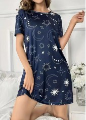 Navy loungewear,Galaxy loungewear,Star Print Navy Round Neck Short Sleeve Nightdress