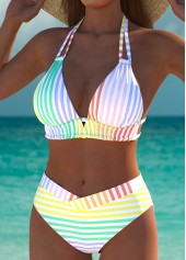 Multi Color swimwear,Striped swimwear,Geometric swimwear,ROTITA Multi Color Mid Waisted Bikini Set