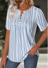 Light Blue tops,Striped tops,Geometric tops,ROTITA Striped Light Blue Split Neck Short Sleeve T Shirt