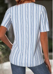 Light Blue tops,Striped tops,Geometric tops,ROTITA Striped Light Blue Split Neck Short Sleeve T Shirt