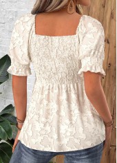 Beige tops,Plain Color tops,ROTITA Beige Square Neck Short Sleeve Blouse