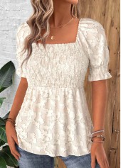 Beige tops,Plain Color tops,ROTITA Beige Square Neck Short Sleeve Blouse