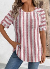 ROTITA Geometric Print Brick Red Round Neck Short Sleeve Blouse