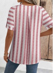 Brick Red tops,Geometric tops,Striped tops,ROTITA Geometric Print Brick Red Round Neck Short Sleeve Blouse