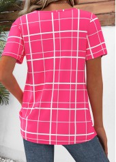 Hot Pink tops,Plaid tops,Geometric tops,ROTITA Plaid Hot Pink Split Neck Short Sleeve Shirt