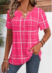 Hot Pink tops,Plaid tops,Geometric tops,ROTITA Plaid Hot Pink Split Neck Short Sleeve Shirt