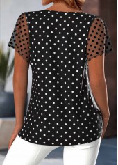 Black tops,Dot tops,ROTITA Polka Dot Black Round Neck Short Sleeve Blouse