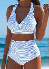 Blue swimwear,Striped swimwear,Geometric swimwear,ROTITA Blue Striped High Waisted Bikini Set