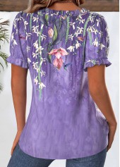 Purple tops,Floral tops,Plants tops,ROTITA Floral Print Purple Square Neck Short Sleeve Blouse