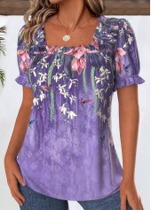 Purple tops,Floral tops,Plants tops,ROTITA Floral Print Purple Square Neck Short Sleeve Blouse